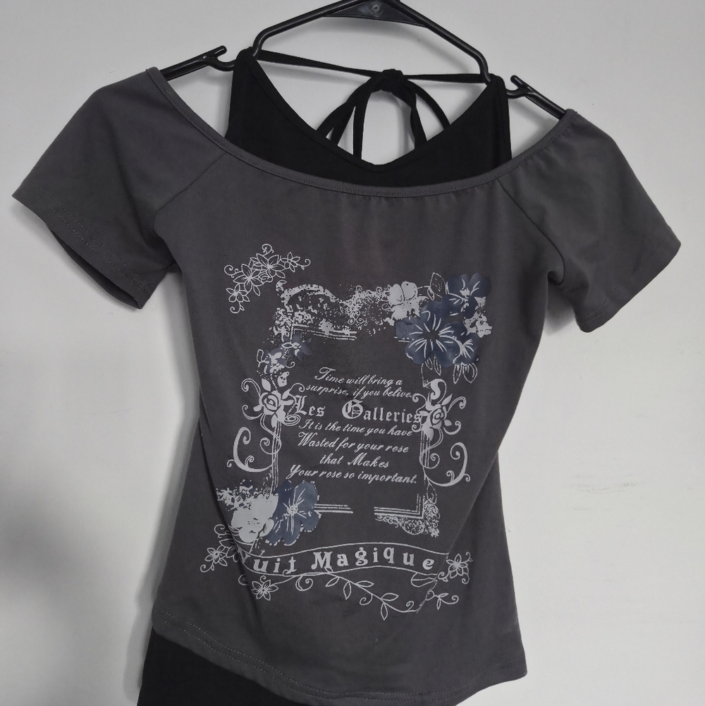 Gray Off-Shoulder Top with Floral Design